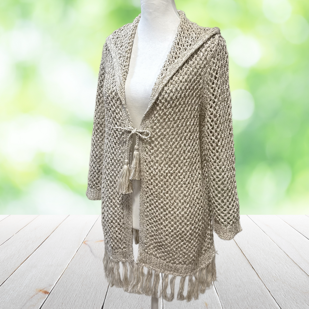 New J JILL Hooded Cardigan Sweater Crochet Fringe Tassel Tie Boho Oatmeal Size S